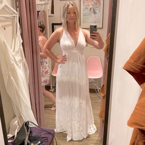 Kailania Snow | Ivory Floral Mesh Deep V-Neck Maxi Dress - Picture 5 of 6